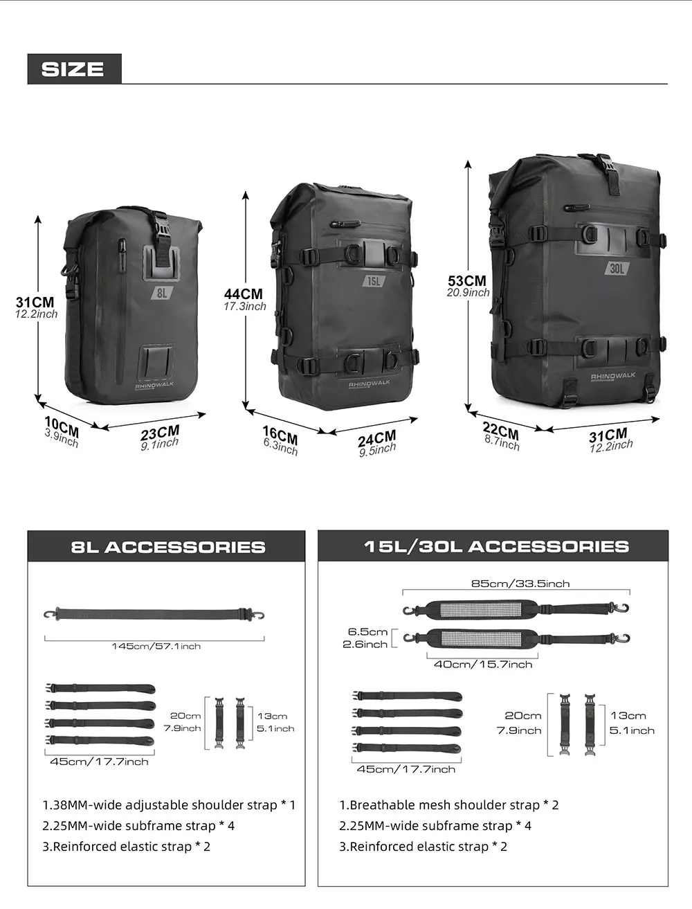 Rhino walk Motorrad Seiten tasche mit Basis wasserdicht 6l/8l/10l/15l Motor Rücksitz Tasche Rack Motocross Aufbewahrung rucksack – Detail 18