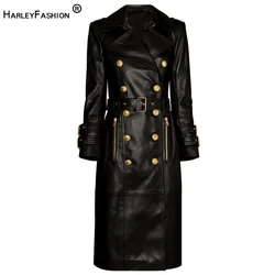 New Winter Luxury Design Double Breasted Black PU Leather Long Coats for Ladies Quality Street Women Trench with Belt