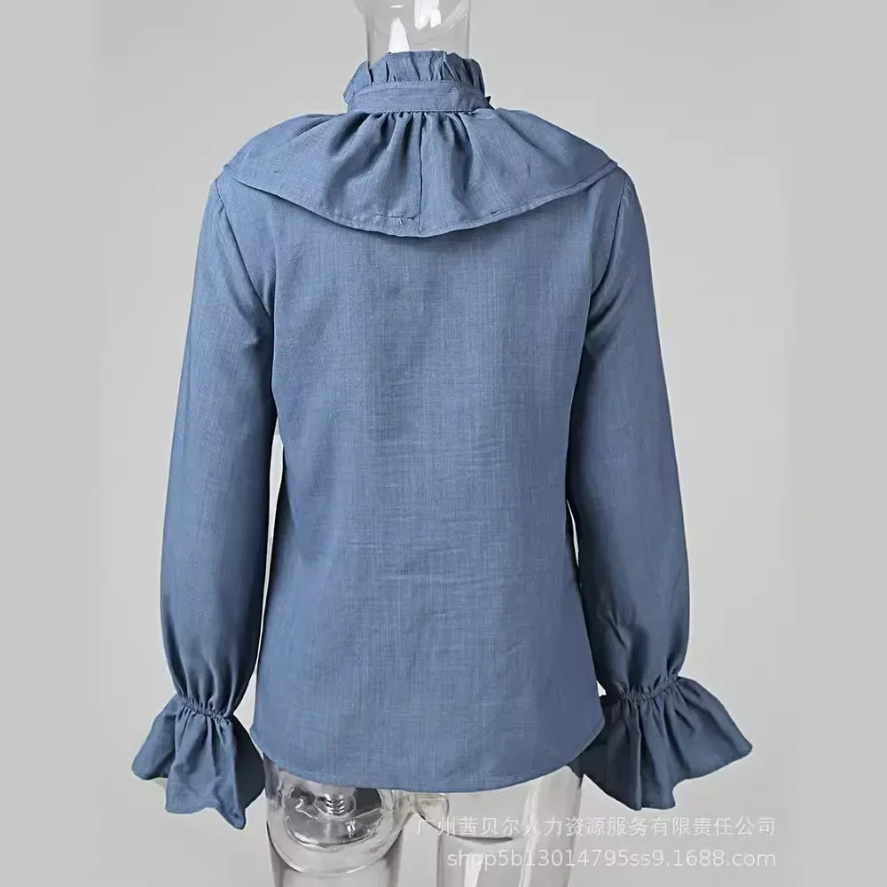 New Summer Women\'s Clothing Denim Ruffled Long-Sleeved Shirt Fashion Solid Color Blouse Shirts