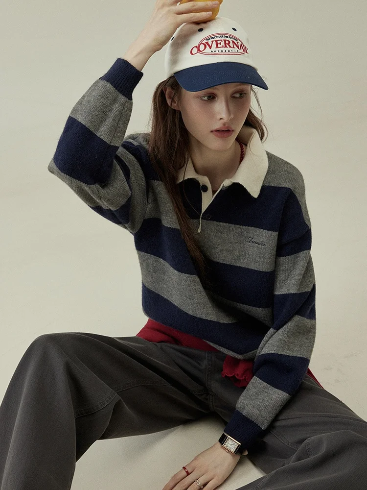 

Новый женский свитер LITLECOT: повседневный, с длинным рукавом, в полоску, винтажный, весенне-осенний, универсальный топ