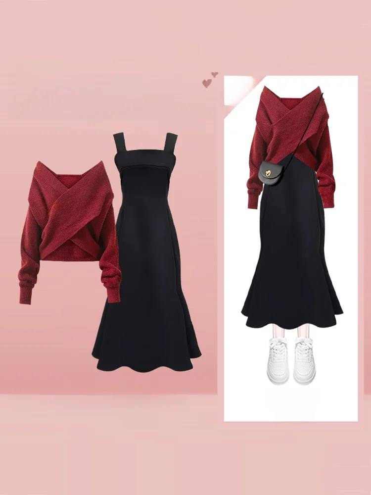 

Ретро-комплект: красный укороченный вязаный свитер с V-образным вырезом и юбка-«рыбий хвост» с завышенной талией. Модный осенний повседневный стиль. Полиэстер...