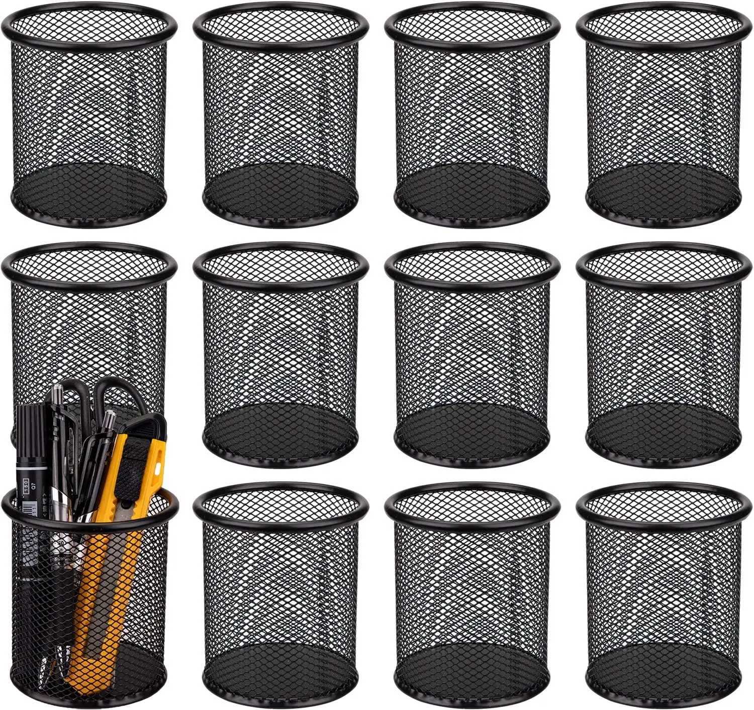 

12 Pack Metal Pen Holder Wire Mesh Pencil Cup Desk Organizer for Office Supplies, Black