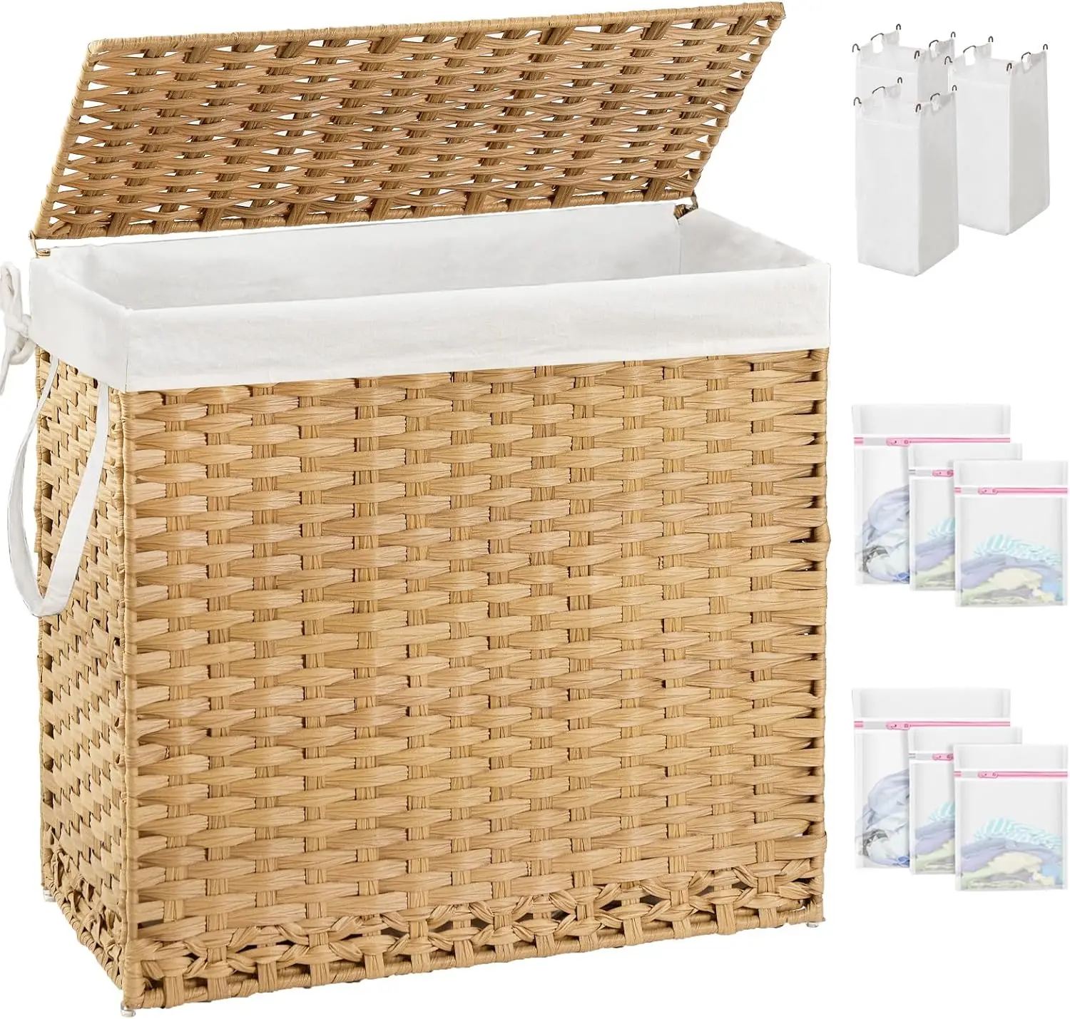 

Large Rattan Laundry Hamper with Lid, 35 Gal Capacity, Includes Removable Liner and Mesh Bags for Easy Sorting
