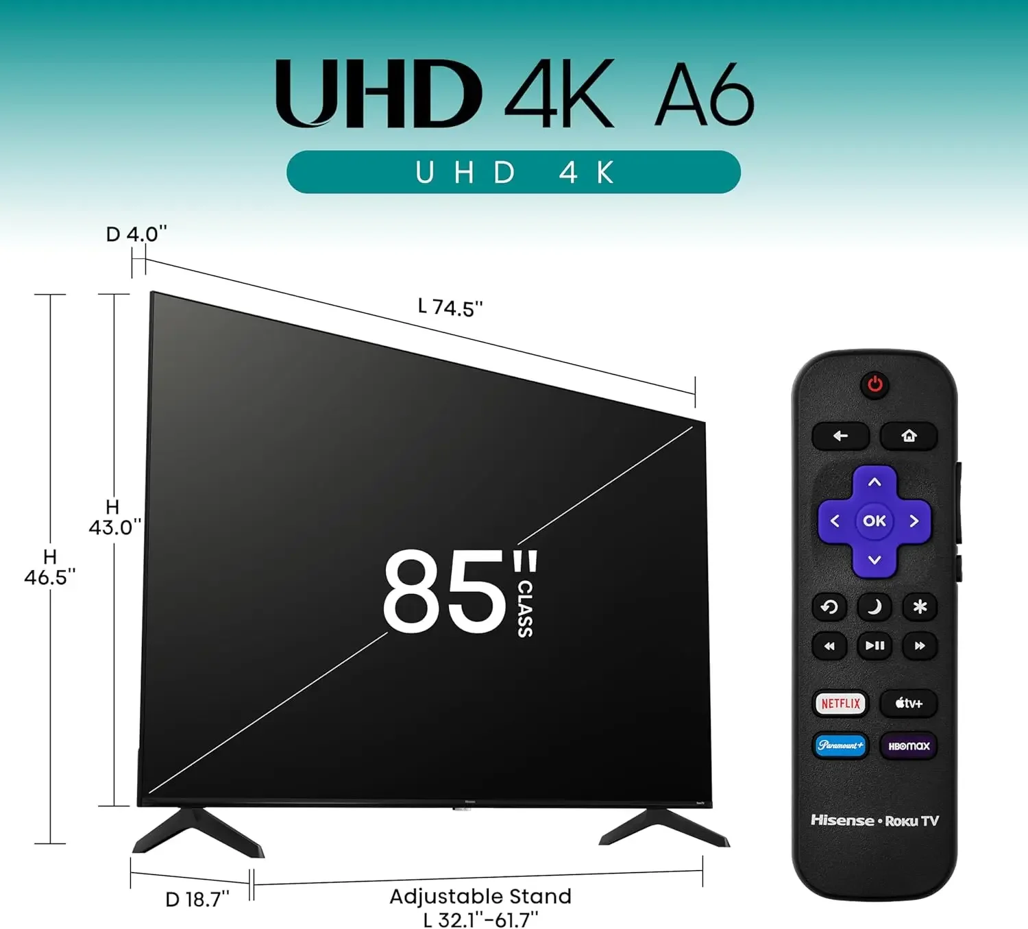 85-Inch Class A6 Series 4K UHD Smart  TV (85A6NR, 2024 Model) - Dolby Vision HDR, Game Mode Plus