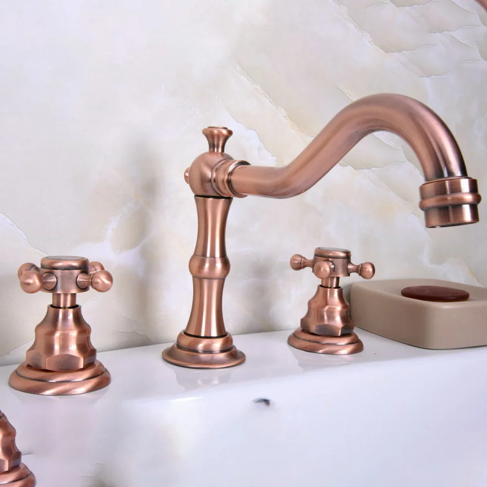 

Antique Red Copper Finish 3 Hole Widespread Bathroom Sink Faucet Deck Mounted Dual Handle Hot Cold Water Mixer Tap Lrg059