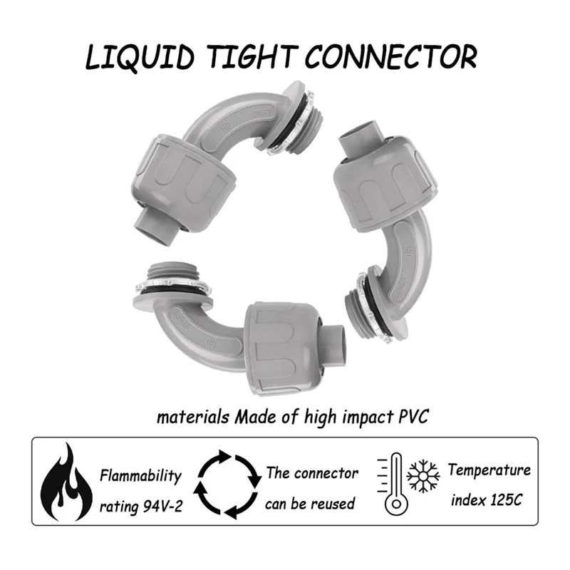 1/2 Inch Liquid Tight Connector PVC Flexible Electrical Conduit Fittings 90 Degree Conduit Connector Fittings(16 Pieces)