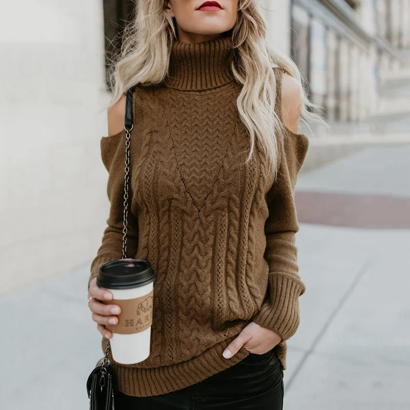 Winter Women New Fashion Turtleneck Collar Long Sleeve Sweater Sexy Off Shoulder Design Knitwear Female Fashion Solid Pullovers