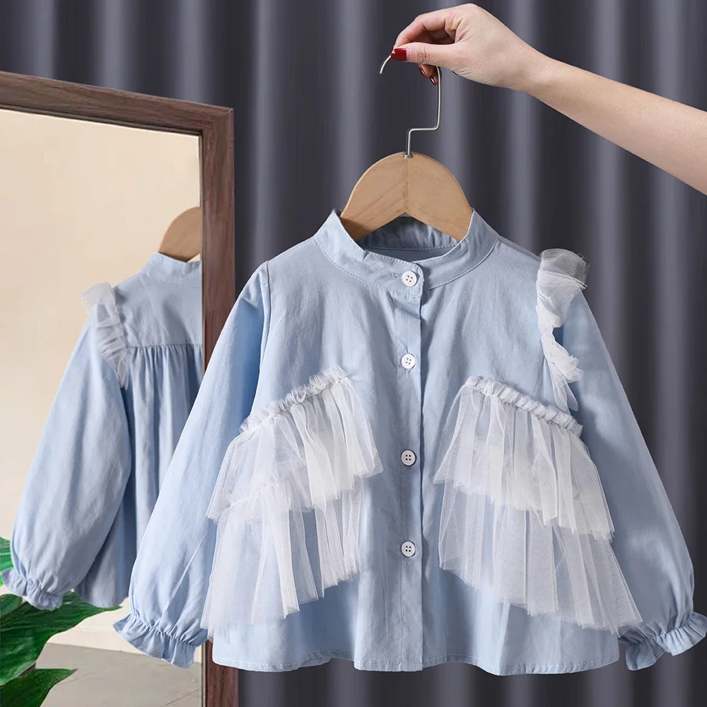 Blouses Girls Long Sleeved Shirt Autumn Girl Baby Princess Cotton New Childrens Clothing Round Collar Button Single Row