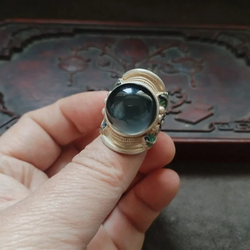 Vintage Ethnic Leaf Enamel Band Ring Round Dome Grey Simulated Gemstone Oriental Retro Men Party Statement Finger Ornament