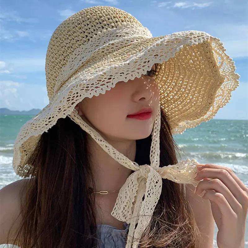 

Lace Bow Women Straw Hat Wide Brim Hollow Out Grass Handwoven Visors Bucket Cap Korean Girl Beach Tour Foldable Sunshade Hats