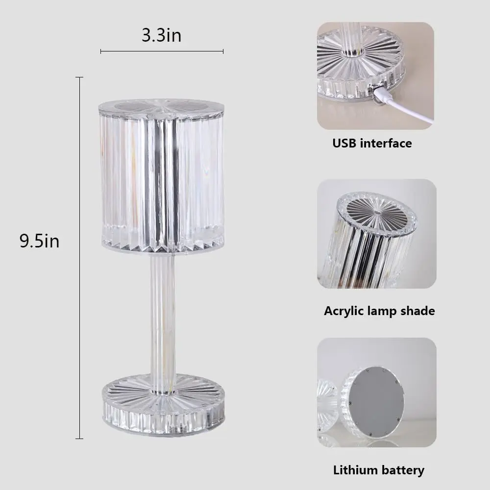 Portable Crystal Table Lamp 3 Colours Touch Control Decorative Table Lamp Bedside Lamp for Kids Bedroom Dining Room Night Lights