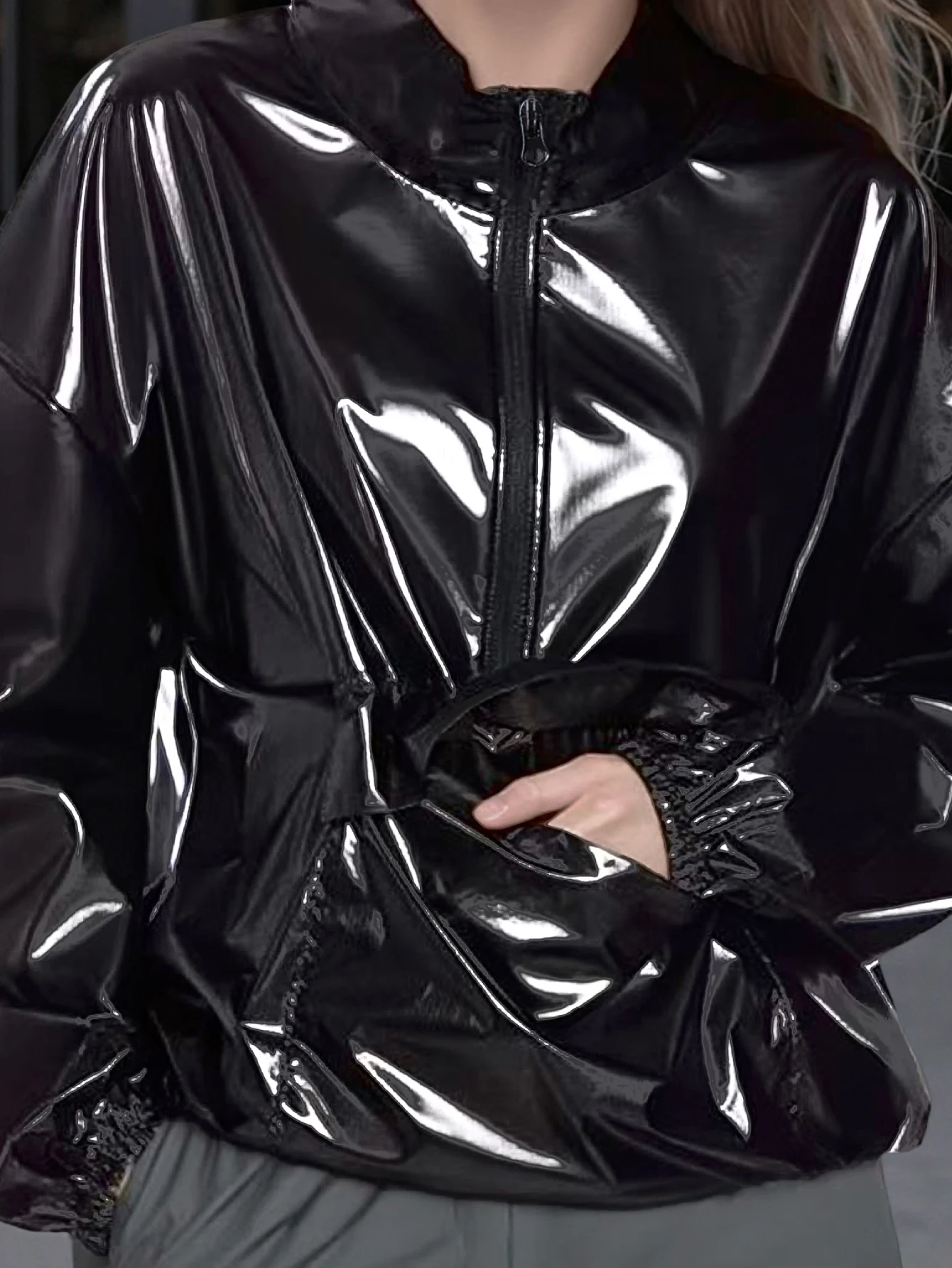 Women Fashionable Shopping, Party, Black Glossy Faux Leather Pullover, Elastic Rope, Ladies' PU Casual Shirt Top - view 2