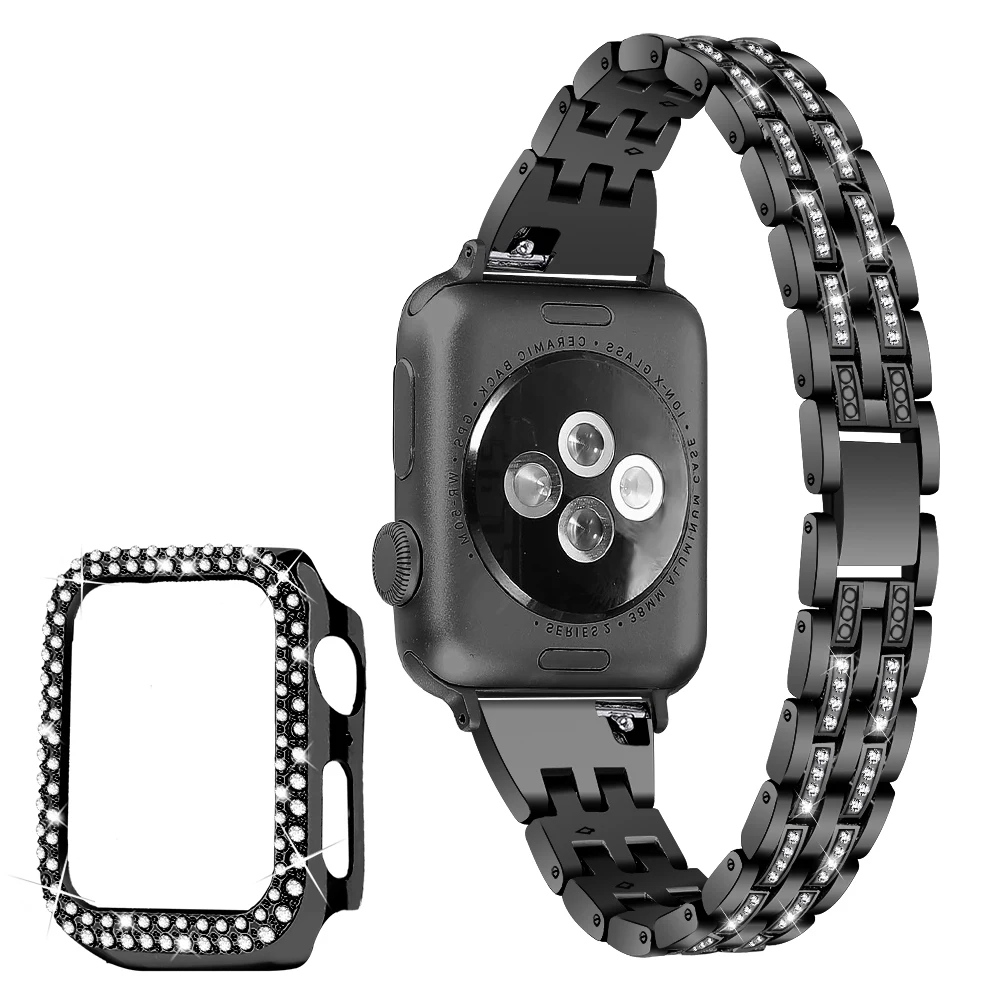 Women's Diamond Case + Strap For Apple Watch Band 45mm 41 44 40 38 42mm Metal Bracelet Protective Cover iWatch Series9 7 6 SE 8