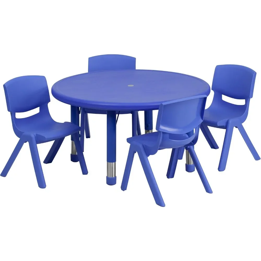 

33"Round Blue Plastic Height Adjustable Activity Table Set with 4 Chairs