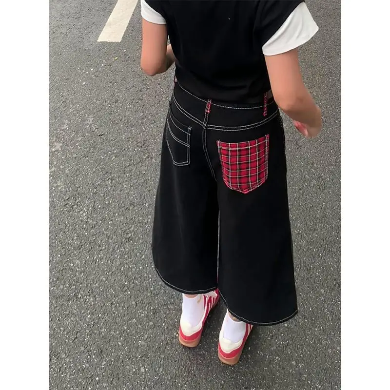 

Клетчатые джинсы в европейском и американском стиле в стиле ретро с высокой талией, утягивающие широкие прямые укороченные джинсы для женщин летом