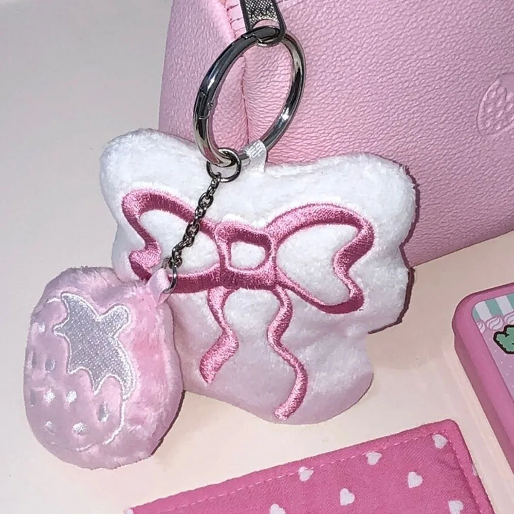 Women Embroidered Bow Knot Plush Pendant Ins Y2k Fashions Strawberry Bag Mobile Phone Pendant Christmas Gifts Original Gifts