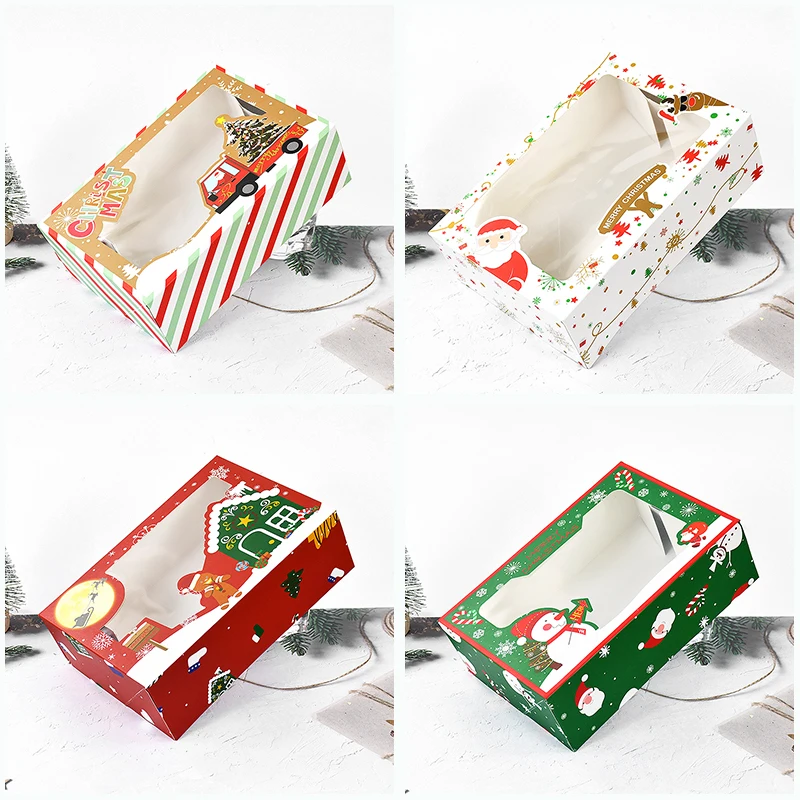 

4pcs Christmas Window Cookie Boxes Snowman Santa Claus Food Box With Window Pie Dessert Paper Packaging Box Decorations Supplies