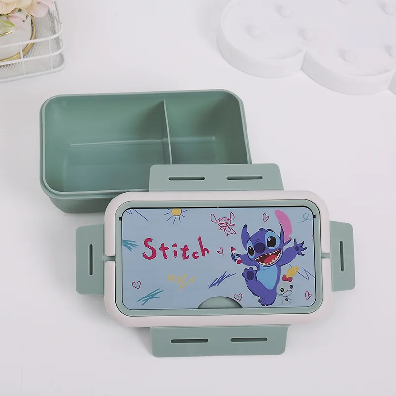 Kotak Bento Disney Stitch Set peralatan makan wadah penyimpanan makanan kotak makan siang kompartemen Anime bekerja dengan sendok sumpit