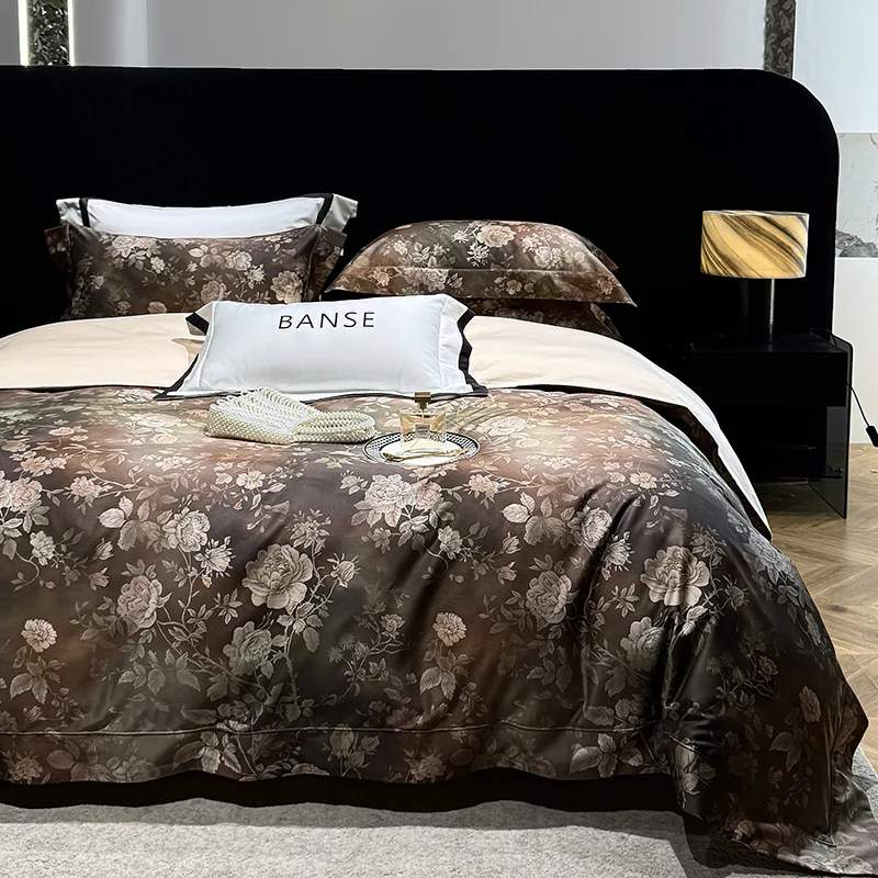 Luxury American Style Vintage Flowers Prints Bedding Set 1000TC Egyptian Cotton Duvet Cover Set Flat/Fitted Bed Sheet Pillowcase