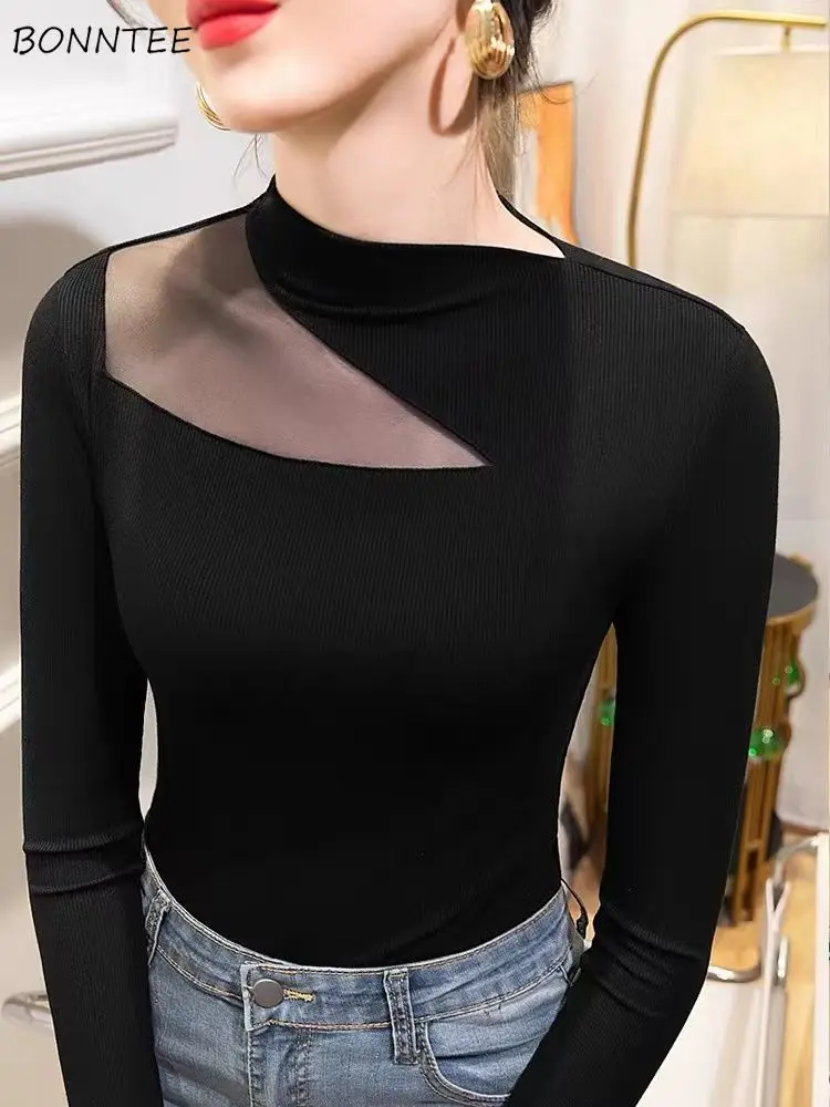 

Pullovers Women Solid Sheer Sexy Basics Charming All-match Spring Graceful Korean Style Delicate New Designed Vintage Prevalent