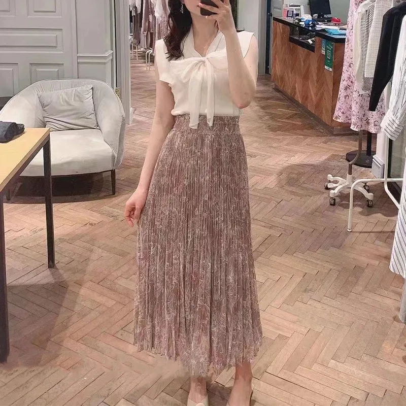 Japanese Elegant Sweet Printed Skirts High Waist Slim A-line Pleated Design Midi Skirt 2024 Spring Summer All-match Mujer Faldas