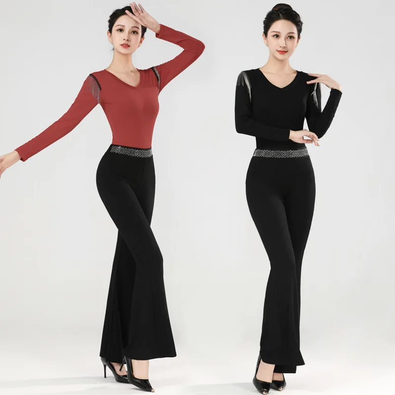 Latin dance pants jumpsuit V-neck slim micro-pants dance training suit ballroom dance competition dresses