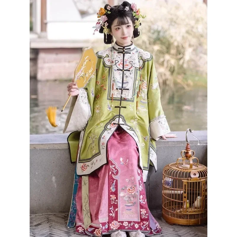 Qing Dynasty Green Floral Print Long Sleeve  Dress Phoenix Tail Hanfu Horse Face Skirt Women Princess Cosplay Costumes