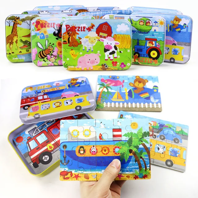 Przedszkole dla dzieci drewniane puzzle 9/12/15/20 sztuk 4 w 1 Cartoon układanka ze zwierzętami z żelaznym pudełkiem zabawka edukacyjna dla dzieci