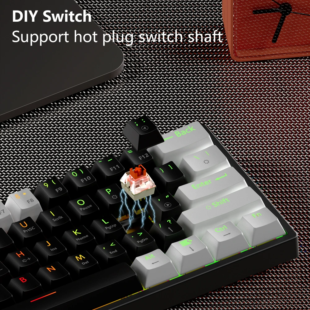 MUCAI MK61 USB Gaming Mechanical Keyboard Red Switch 61 Keys Wired Detachable Cable RGB Backlit Hot Swappable