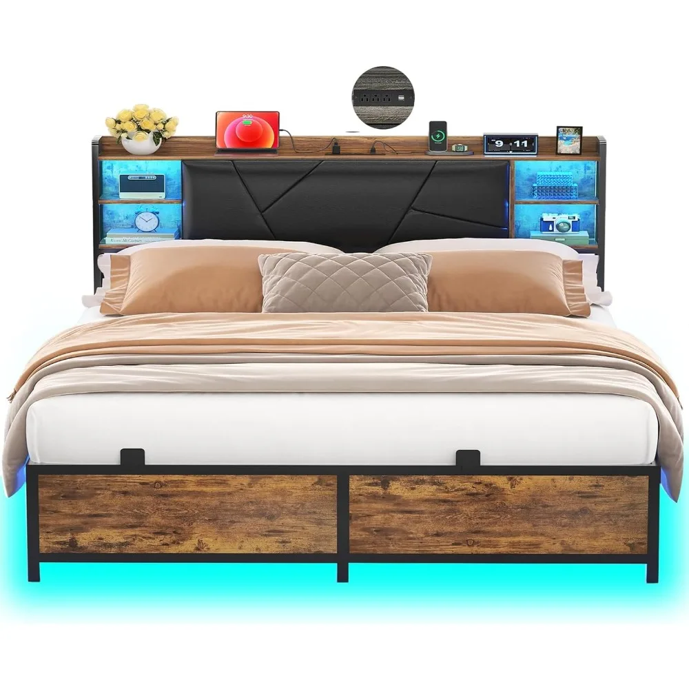 

Queen Size Bed Frame with RGB LED Lights and Power Outlets, Sturdy Platform Bed with Storage Upholstered Headboard,
