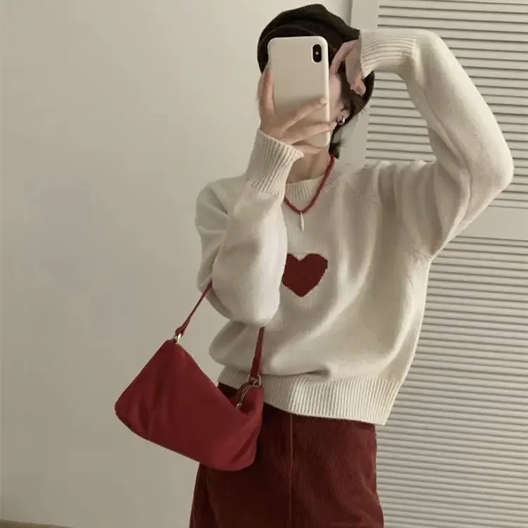 2024 Winter New Love Sweater Suitable for Small Women Loose Casual Autumn/Winter New Unique Fashion Preppy Style Knitted Top