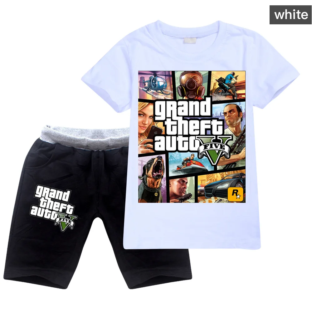 Kids Clothes Grand Theft Auto Game GTA 5 T Shirt+Shorts Set Boys Cartoon Girls Outfit Sport Suit Summer Children Clothing Sets