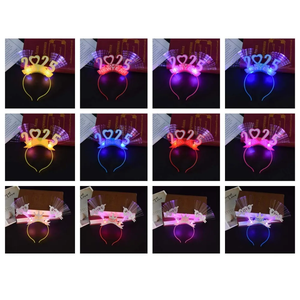 LED Glow 2025 Happy New Year Headband Love Heart Shape Photographic Headwear LED Glow Hair Bands Optic Fiber Light Up Plastic