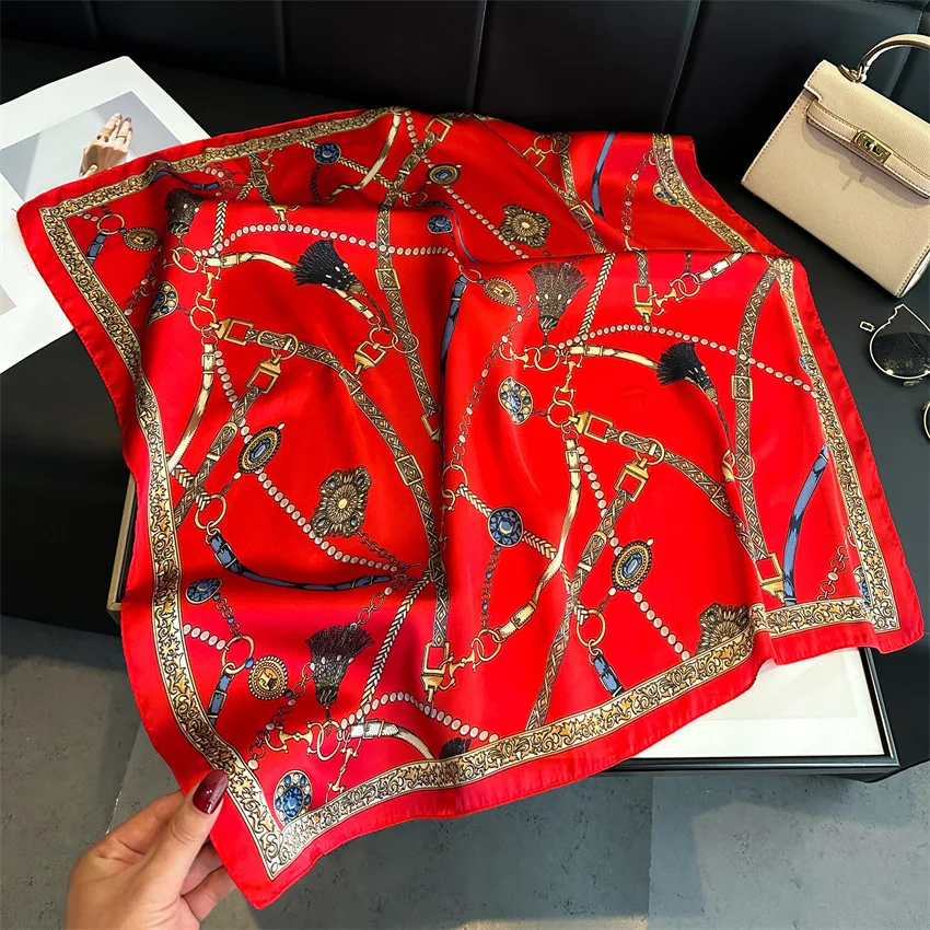 2024 Spring/Summer Breathable Chain Print Neckerchief Fashion 70*70cm Square Scarf Women’s Classical Imitation Silk Bandannas