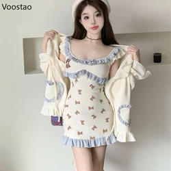 Autumn Kawaii Bear Print Lolita Two Piece Set Women Casual Bow Party Mini Dress Coat Suit Female Princess Korean Elegant Clothes