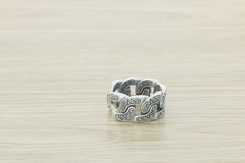 Chinese style men's 925 sterling silver ring, retro wispy air Tang grass pattern silver jewelry ring, personalized female index