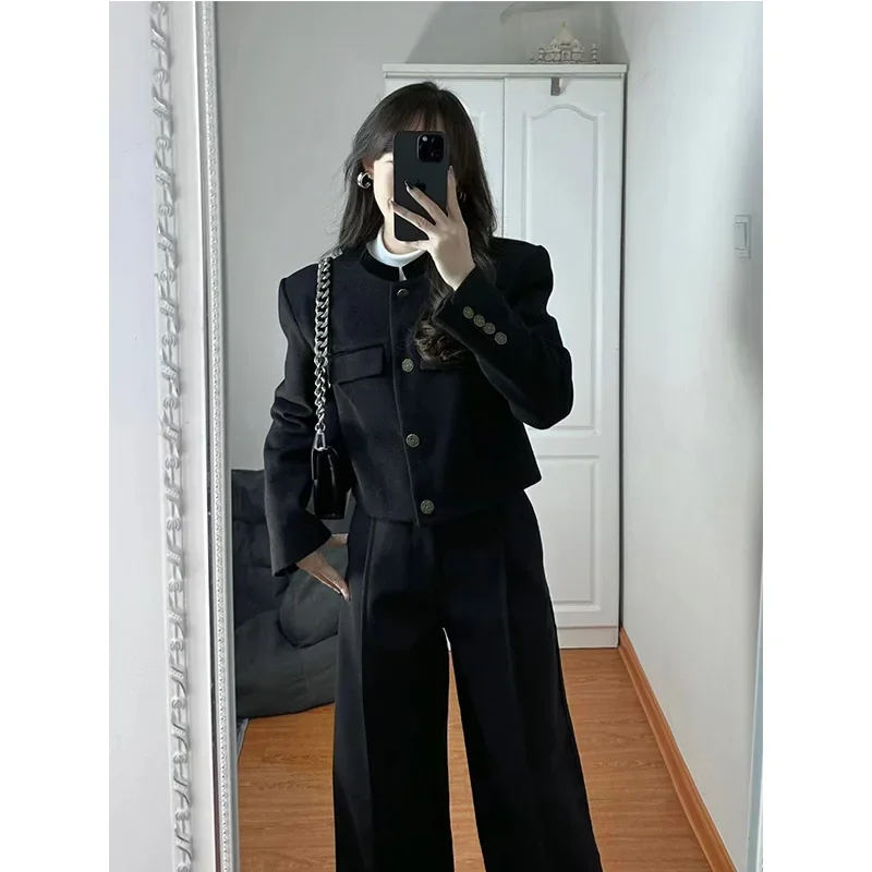 

Korean Black Two Piece Sets Women Outifits Autumn Winter Long Sleeve Cropped Blazer Coat + High Waisted Wide Leg Pant Suits Y2k