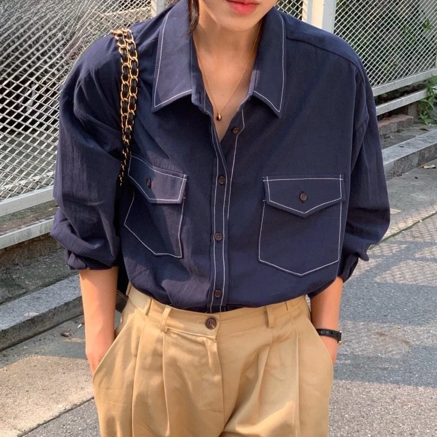 

Chic Women's irt Dongda Gate Double ket Design Versatile Long Sve Cotton Commute Sle Korean Loose Fit Busin Casual