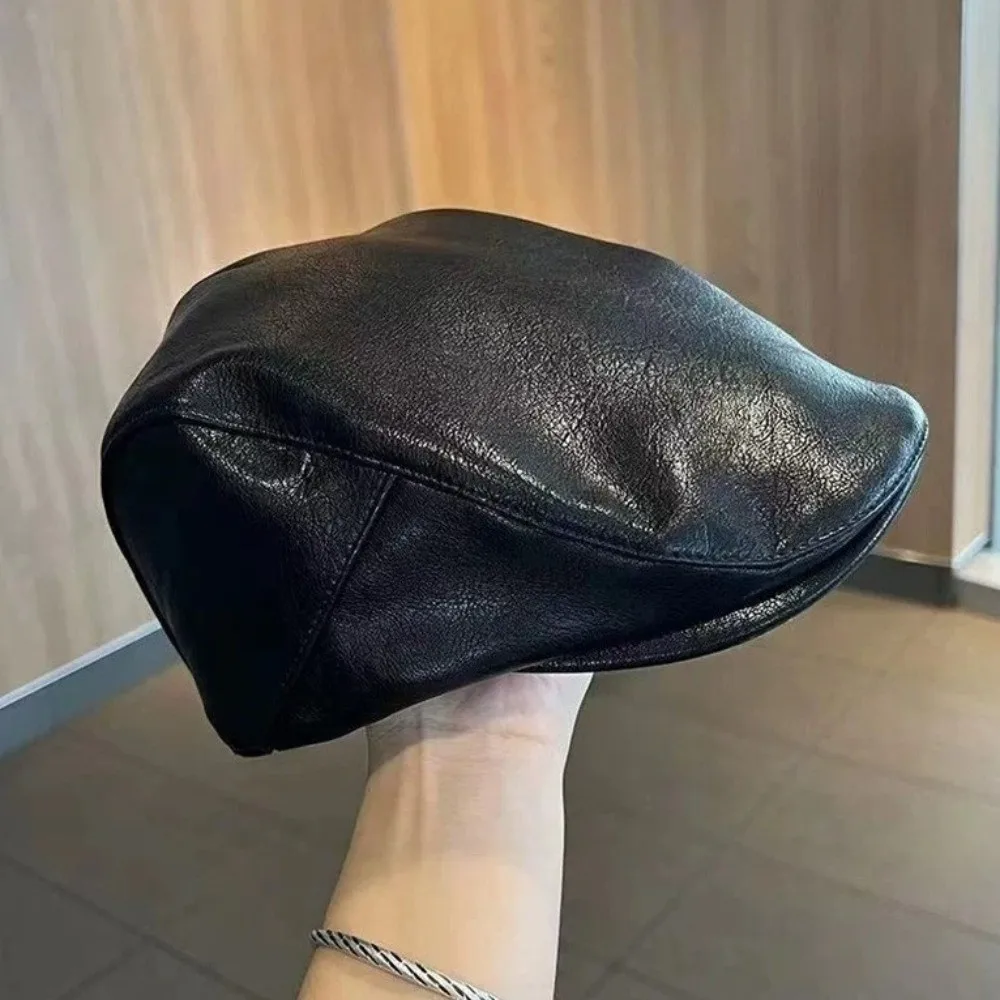 Casual Solid Color PU Leather Berets Hat Gothic Harajuku Y2k Berets Hat Adjustable Subculture Painter Hat Autumn Winter