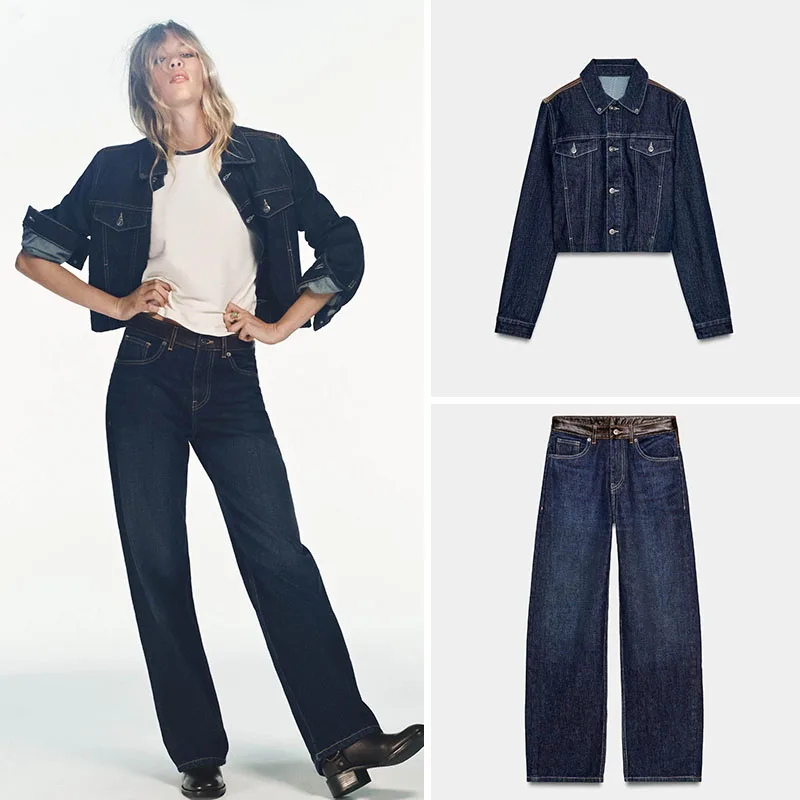 

Весенняя новинка: Женский комплект из джинсов и пиджака с широкими штанинами, повседневный, с длинными рукавами, на пуговицах