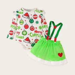 3pcs Christmas Newborn Baby Girl Outfit Long Sleeve Full Print Cartoon Christmas Bodysuit Heart Strappy Skirt Children Sets