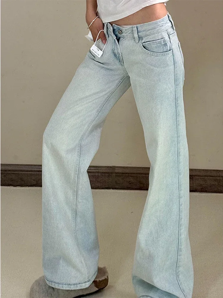 Y2K Jeans Women Light Blue Low Waist Wide Leg Pants Spring Autumn New 2026 Vintage Streetwear Loose Straight Trousers