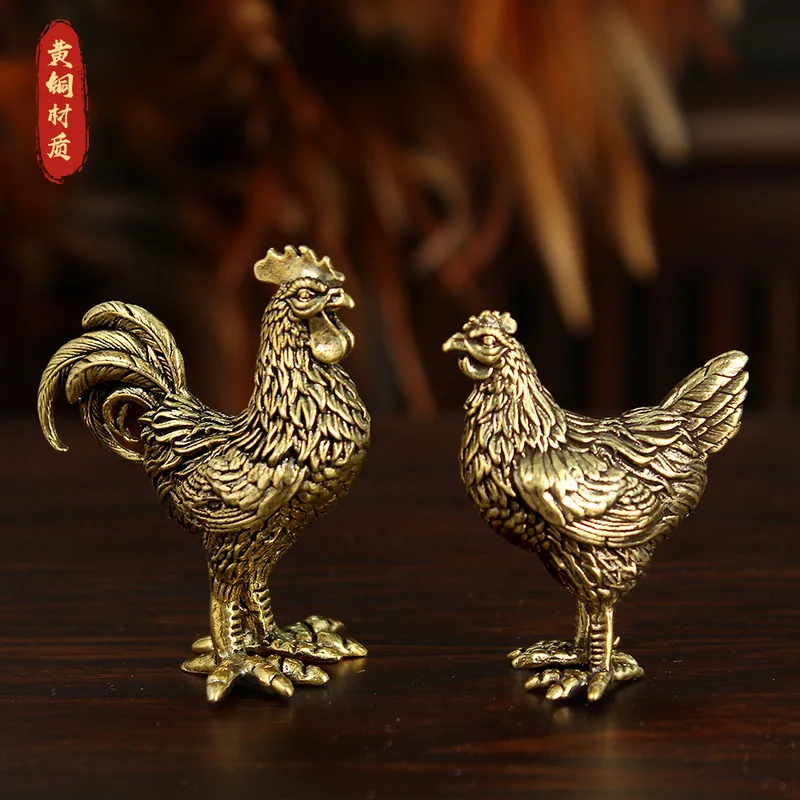 Brass Zodiac and Hen Pair, Pure Copper Golden Rooster for Wealth, Home Living Room Tabletop Tea Pet Ornament