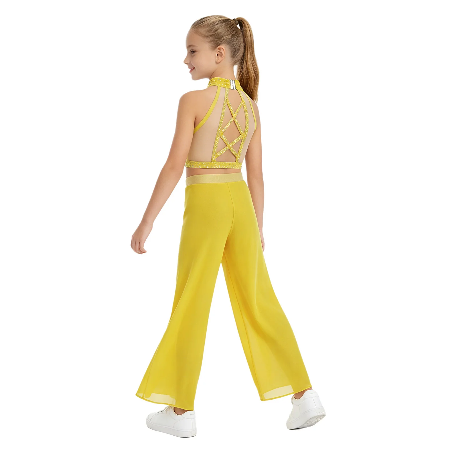 Kids Girls Lyrical Jazz Modern Dance Costume Ballet Gymnastics Outfits Halter Sleeveless Rhinestones Mesh Crop Top with Pants