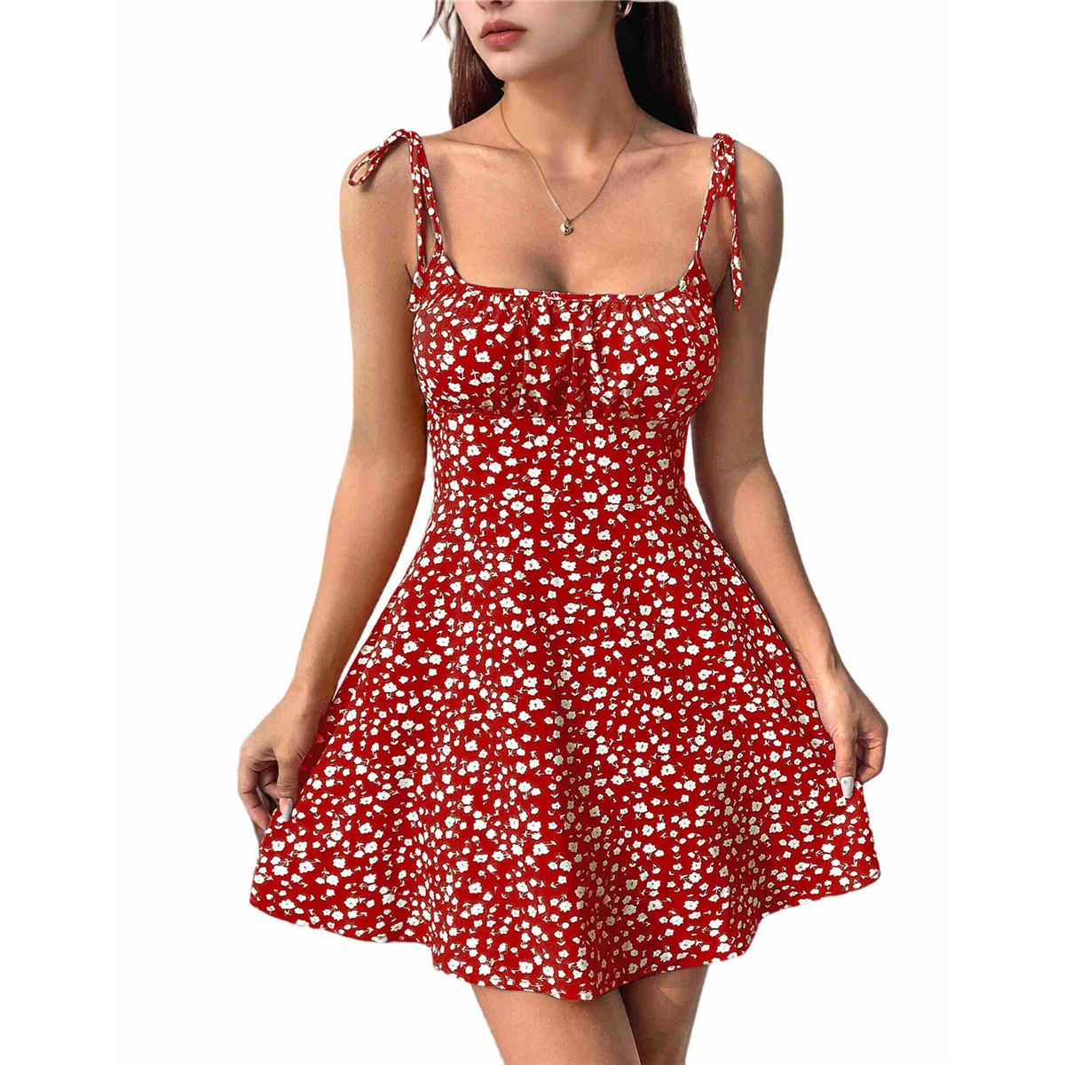 

Women'S Boho Floral Dress Romper Spaghetti Strap Smocked Dress Red L