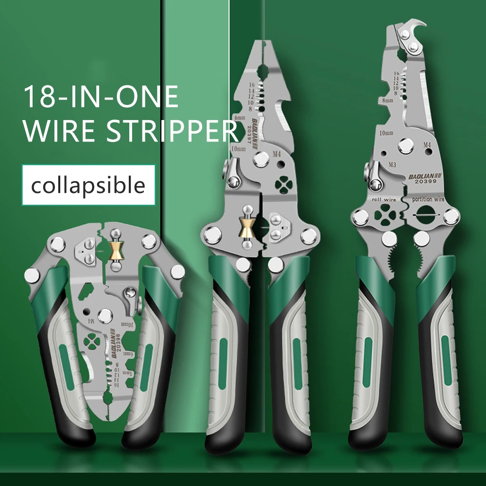 

18 in 1 Foldable Wire Stripper with Pulley Design Multi-Function Electrician Tool for Wire Splitting Winding Crimping Cutting