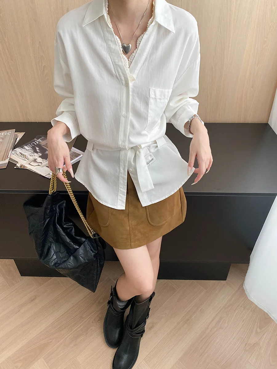 

Ранняя осень, новый кружевной дизайн, рубашка с v-образным вырезом и поясом, темперамент