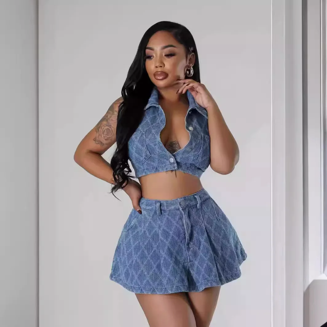 

Checkered Washed Denim 2 Piece Set Women2024 Sexy Turn-down Collar Button Crop Top + A-line Mini Skirts Club Outfits Lounge Wear