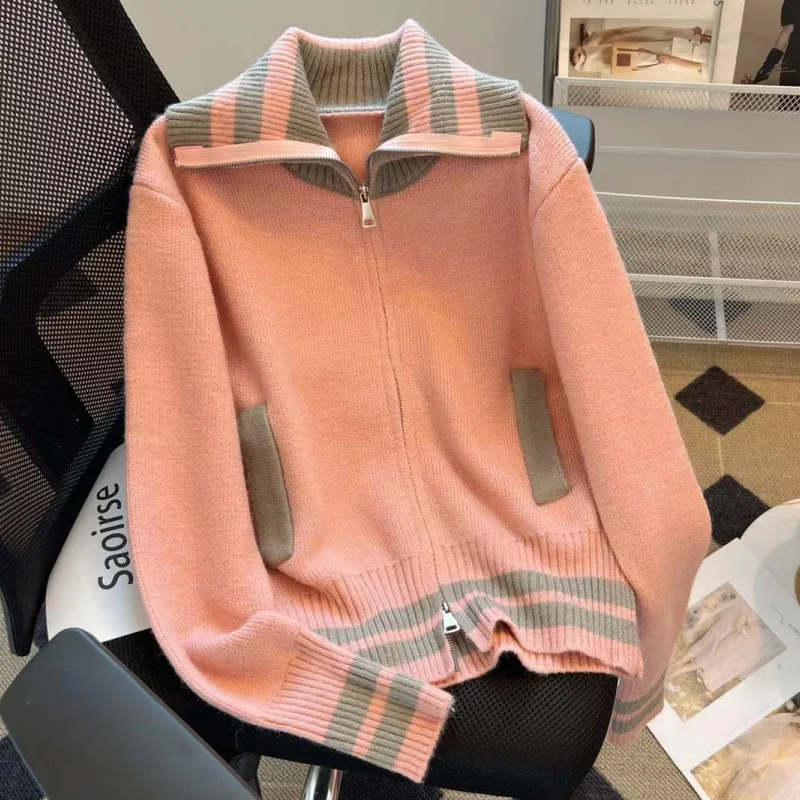 Women Pink Fashion New Fashion Style Recreational POLO Collar Knitted Contrasting Solors Sweater Coat Chic Winter White Top