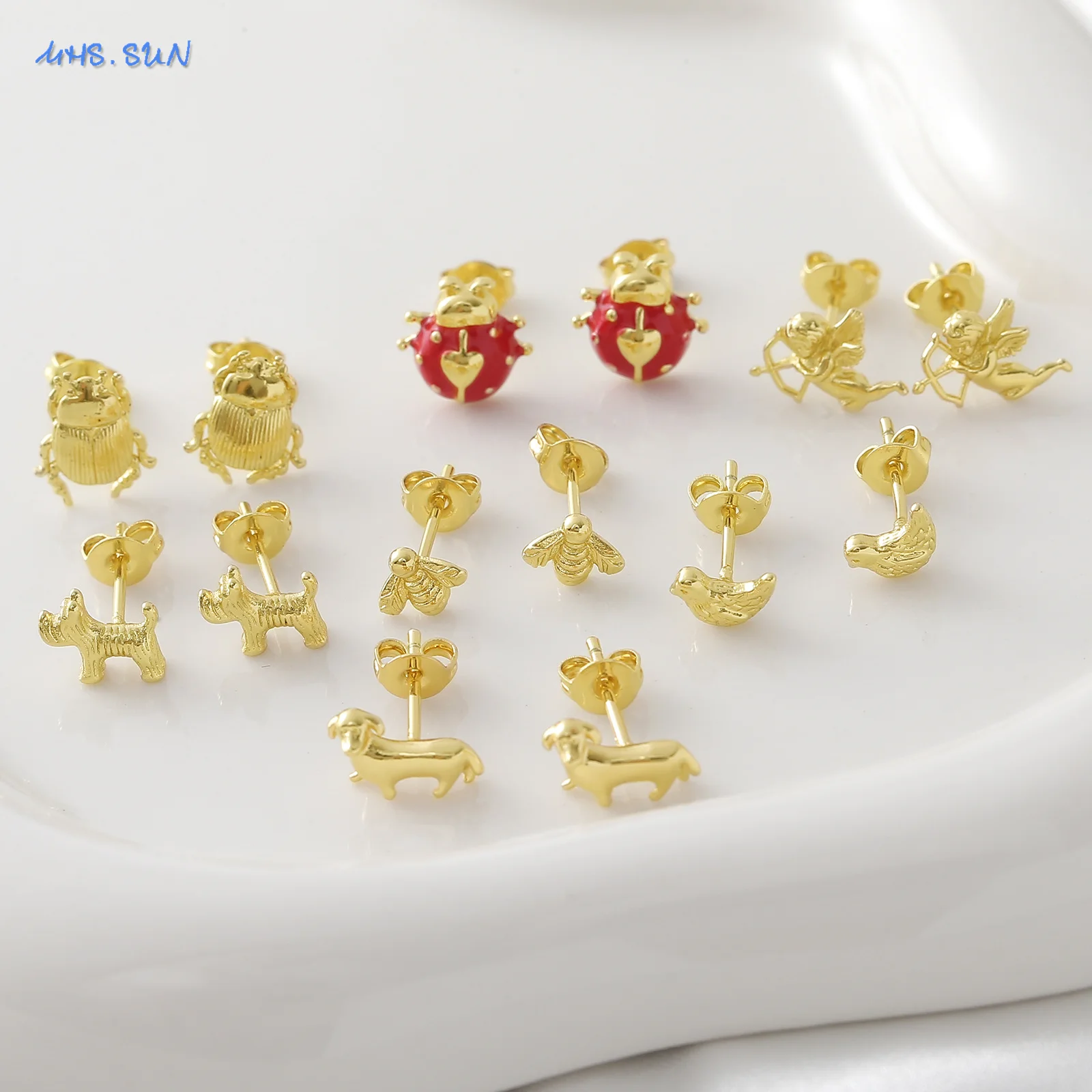 MHS.SUN Gold Plated Animal Beetle Ladybug Bees Birds Stud Earrings For Women Girl Cupid Angel Earring Fashion Party Jewelry